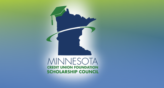 Minnesota Credit Union Foundation Scholarship Council Logo, which is the navy shape of Minnesota, wearing a green graduation cap with a green horizontal swish around the middle of the state.