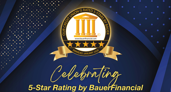 Award graphic from BauerFinancial Celebrating 52 consecutive quarters of Ideal CU having a 5-star rating